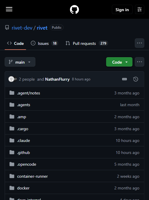rivet-dev/rivet 仓库结构：Rust 实现，含 container-runner、docker、docs-internal 等，Apache-2.0 协议