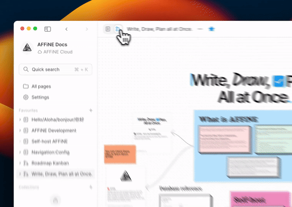 AFFiNE 实际界面：左侧是文档工作区侧栏（AFFiNE Docs / Cloud、快速搜索、页面列表），右侧是同一块无边界画布上的便签与白板元素