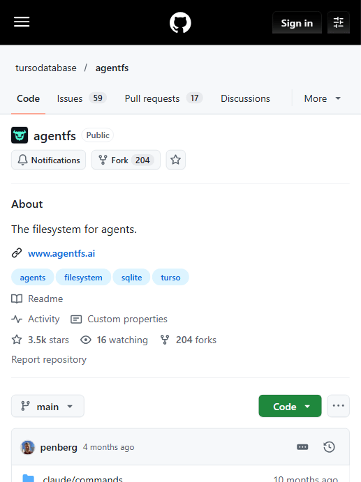 tursodatabase/agentfs 仓库主页:约 3.5k stars、204 forks,标签为 agents/filesystem/sqlite/turso(官方 GitHub 仓库截图)