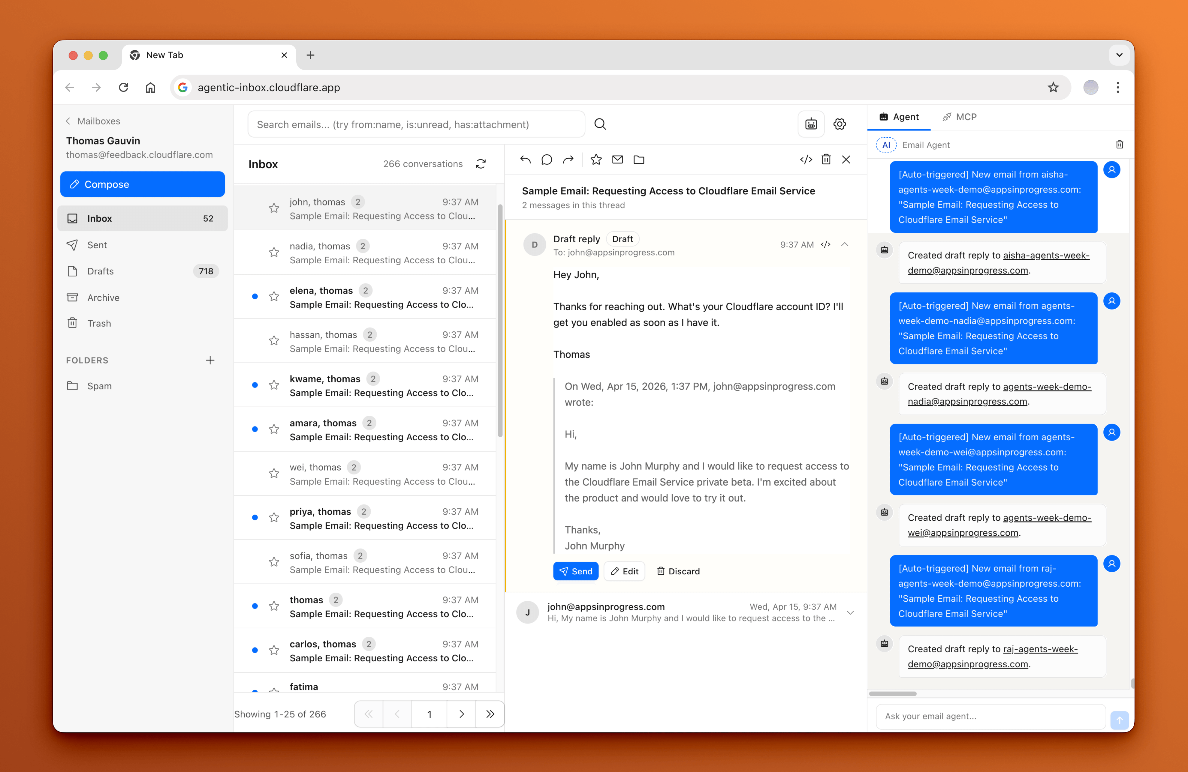 Agentic Inbox 官方仓库截图：一个跑在 Cloudflare Workers 上的自托管邮件客户端界面
