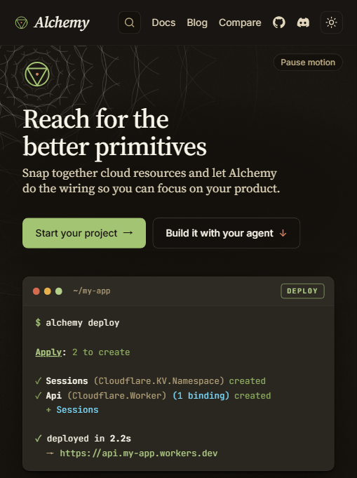 Alchemy deploy 输出:一个命令创建 KV 与 Worker 两个资源,2.2 秒完成