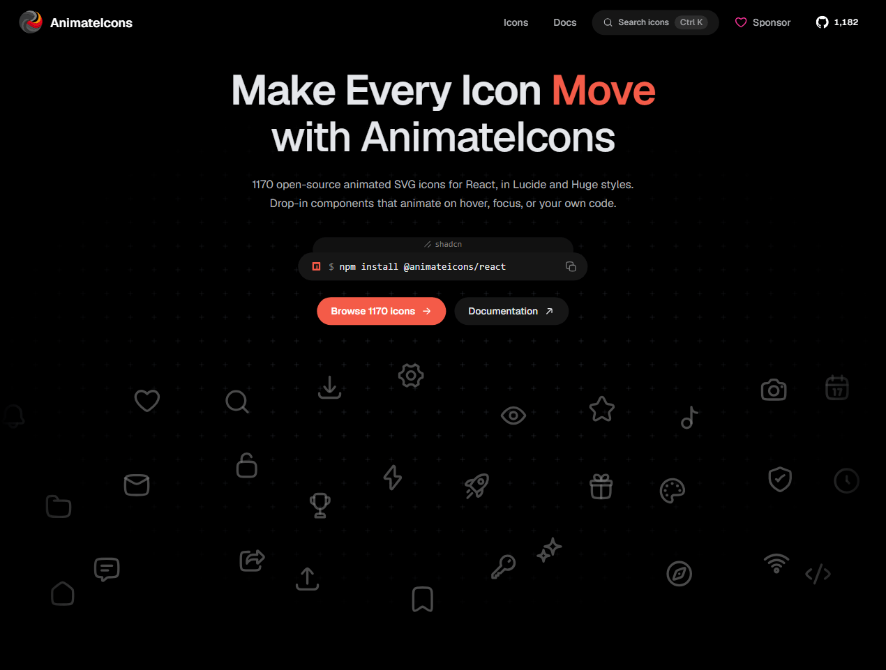 AnimateIcons 官网首页：1170 个开源动画 SVG 图标，一行 npm 安装即用
