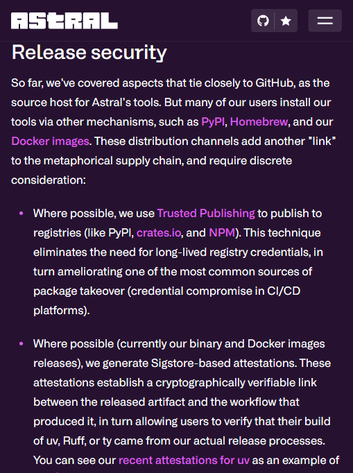官方博客「Release security」一节：通过 Trusted Publishing 发布到 PyPI/crates.io/NPM 以消除长期凭证，并为二进制与 Docker 制品生成 Sigstore 证明