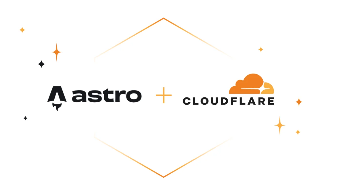 Cloudflare 官方公告头图:Astro 标识与 Cloudflare 标识以加号连接,配以星点装饰
