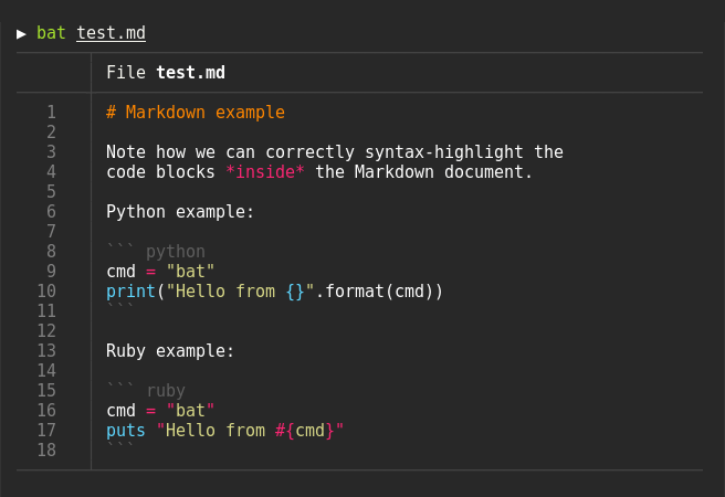 bat 对 Markdown 文档及其内嵌的 Python、Ruby 代码块做语法高亮，左侧显示行号与网格