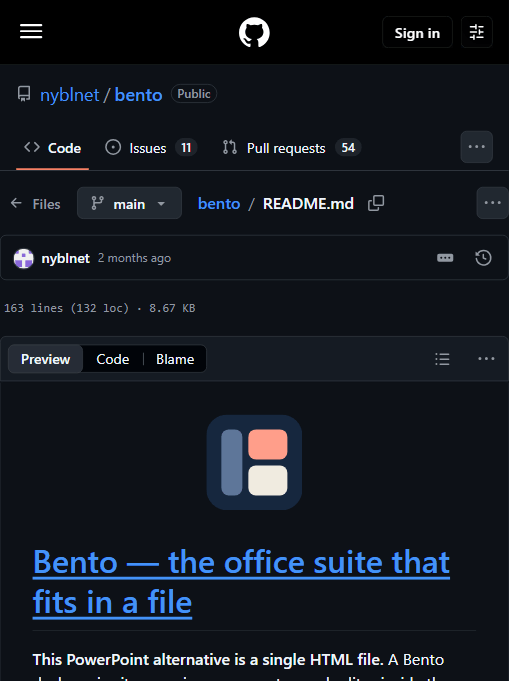 Bento 官方仓库页：标语与仓库活跃度（11 issues / 54 PRs）