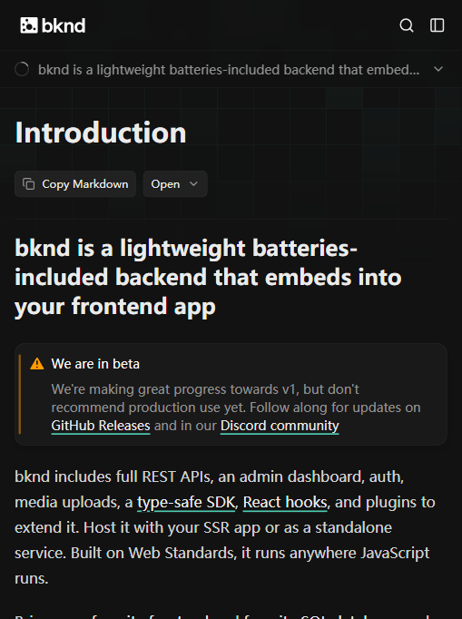 bknd 官方文档首页:自述"轻量、batteries-included、可嵌入前端",并醒目提示仍处 beta