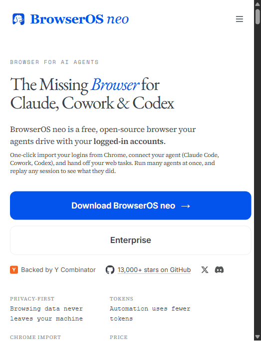 BrowserOS neo 官网:定位为"给 Claude、Cowork、Codex 用的那把缺失的浏览器",YC 孵化、GitHub 1.3 万+ Star