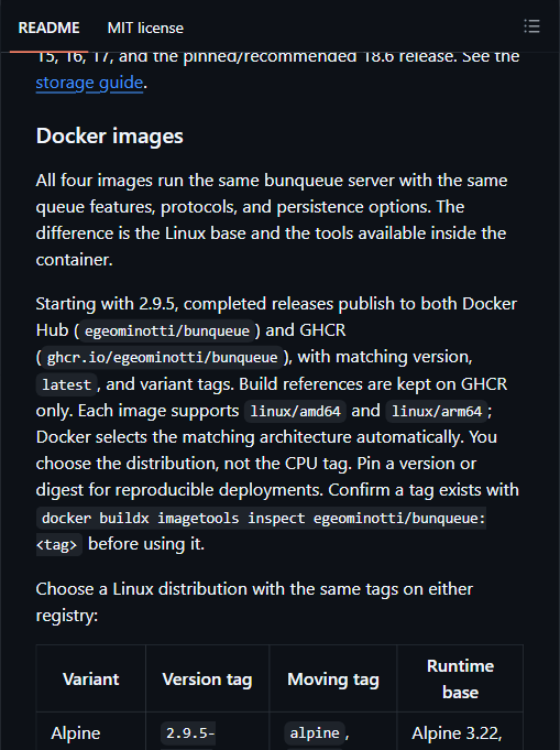 bunqueue 官方 Docker 镜像变体表：按基础发行版选择，CPU 架构由 Docker 自动匹配