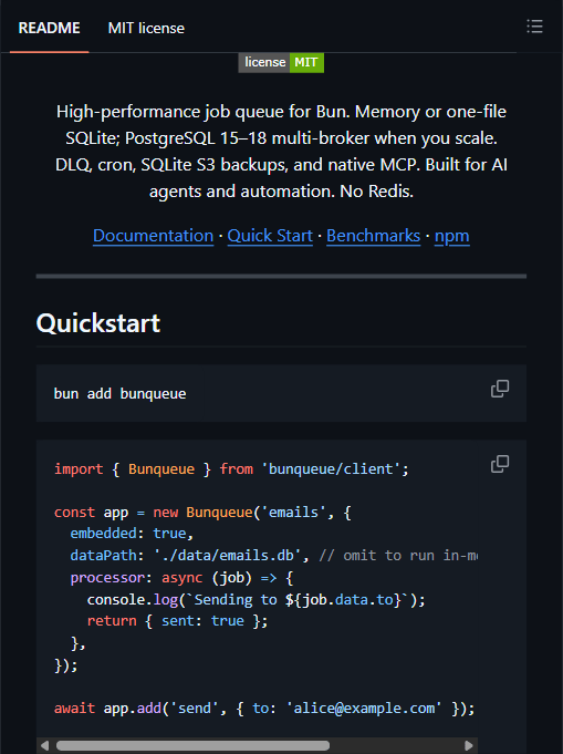 bunqueue quickstart：队列与 worker 合在一个对象里，持久化到单个 SQLite 文件