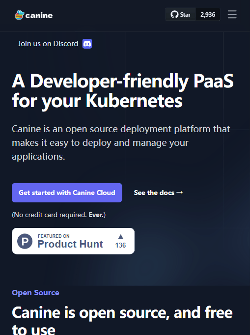 Canine 官网首屏:定位为"开发者友好的 Kubernetes PaaS",曾登上 Product Hunt