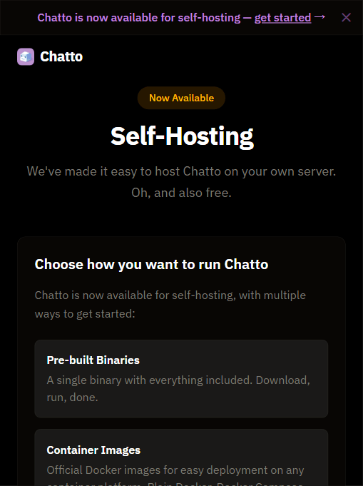 Chatto 自托管部署方式：二进制 / Docker / Kubernetes（官方）