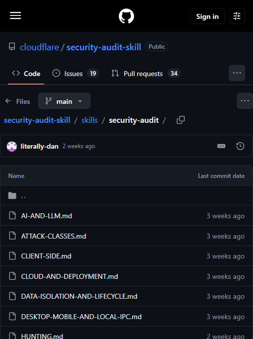skills/security-audit 目录里按攻击类拆分的提示词文件：AI-AND-LLM、ATTACK-CLASSES、CLIENT-SIDE、CLOUD-AND-DEPLOYMENT、DATA-ISOLATION-AND-LIFECYCLE、DESKTOP-MOBILE-AND-LOCAL-IPC、HUNTING 等
