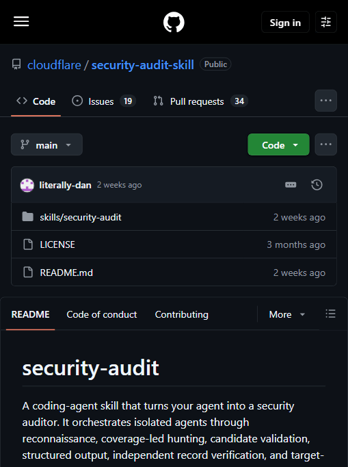 cloudflare/security-audit-skill 仓库主页：唯一的代码目录是 skills/security-audit，README 自述它把 coding agent 编排成经过侦察、覆盖驱动狩猎、候选验证、结构化输出、独立记录验证与中立报告的安全审计流程