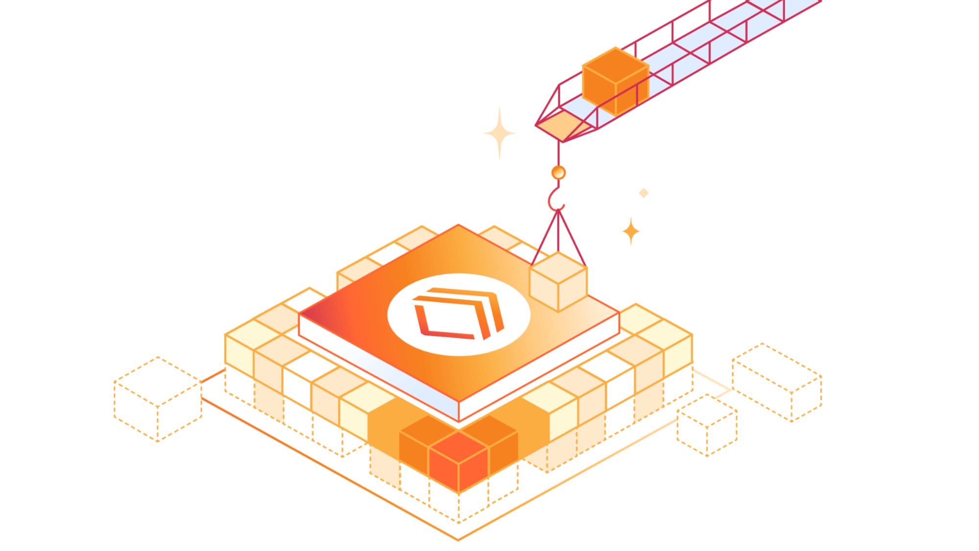 Cloudflare Containers 官方插画：一台起重机把容器方块吊装到 Cloudflare Workers 的底座上，象征"容器与 Workers 并存"