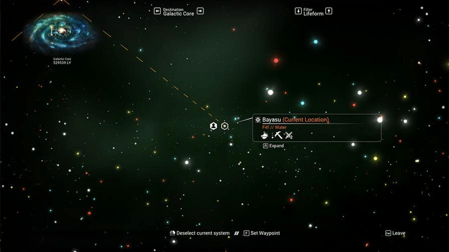 No Man's Sky 星系地图截图：当前星系 Bayasu（F4//Water）距 Galactic Core 553539 光年，星球位置由程序化算法生成
