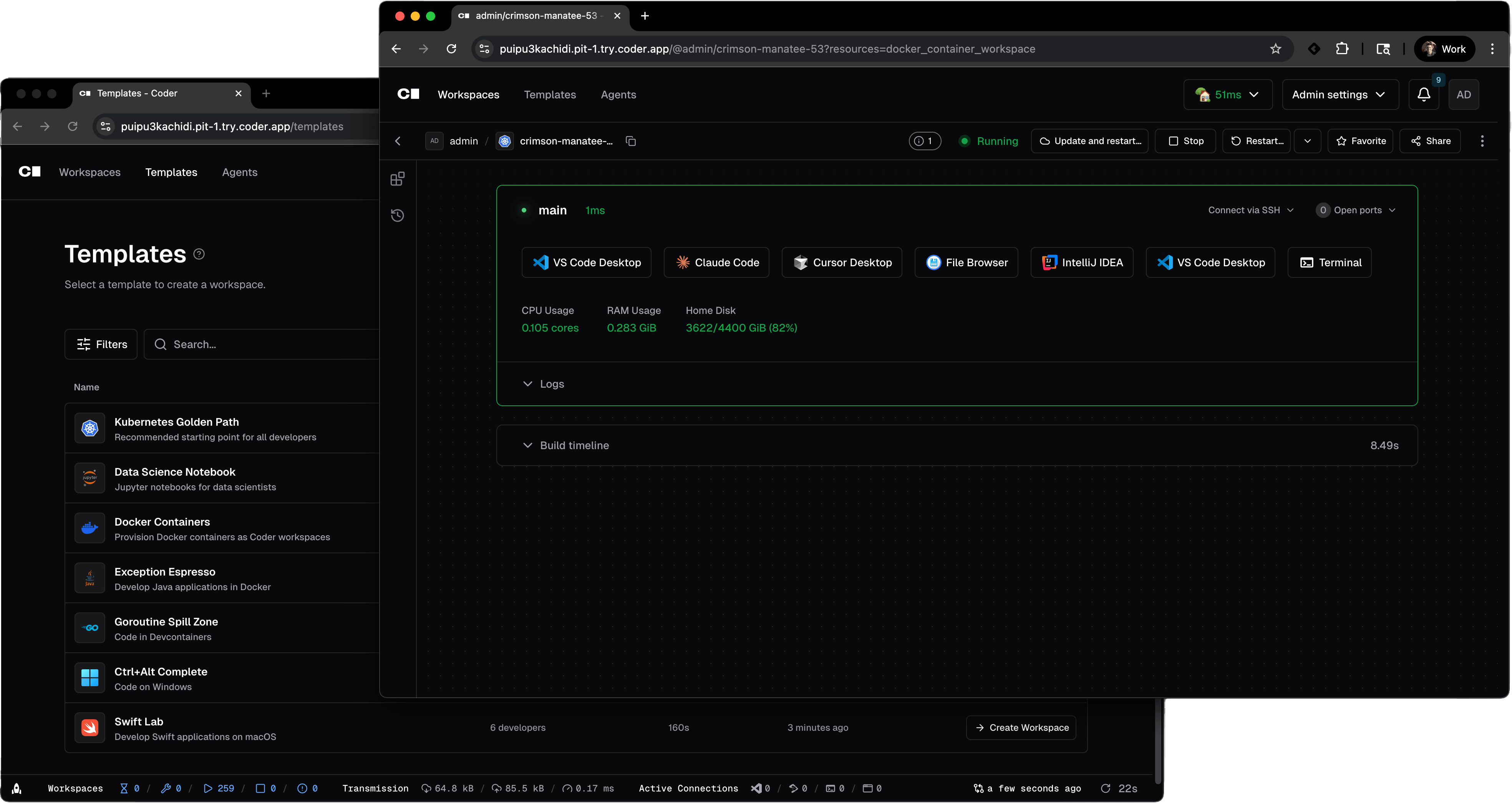 Coder 控制台：左侧为 Templates 模板列表，右侧为一个 Running 状态的工作区，可一键连接 VS Code Desktop、Claude Code、Cursor、IntelliJ，并实时显示 CPU/RAM/磁盘占用与连接时延