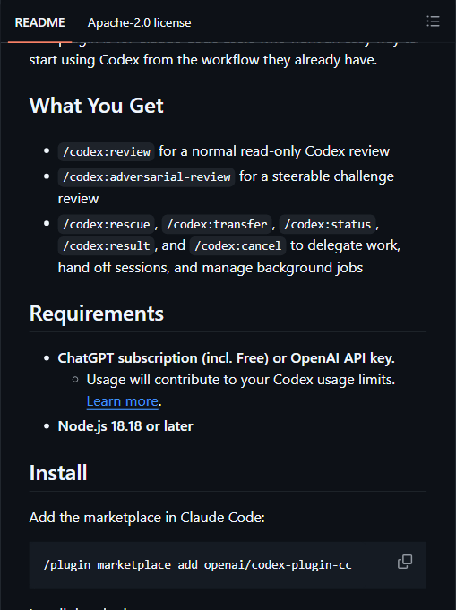 openai/codex-plugin-cc README 截图："What You Get" 列出了 /codex:review、/codex:adversarial-review 与后台任务管理命令，下方是依赖要求与安装命令