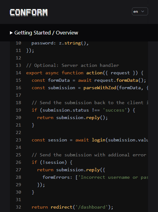 Conform 官方示例:Next.js Server Action 中用 parseWithZod 解析表单