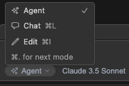 Continue 侧栏的模式切换下拉：Agent、Chat、Edit，以及"+ for next mode"，右下角可切换当前模型（截图中为 Claude 3.5 Sonnet）
