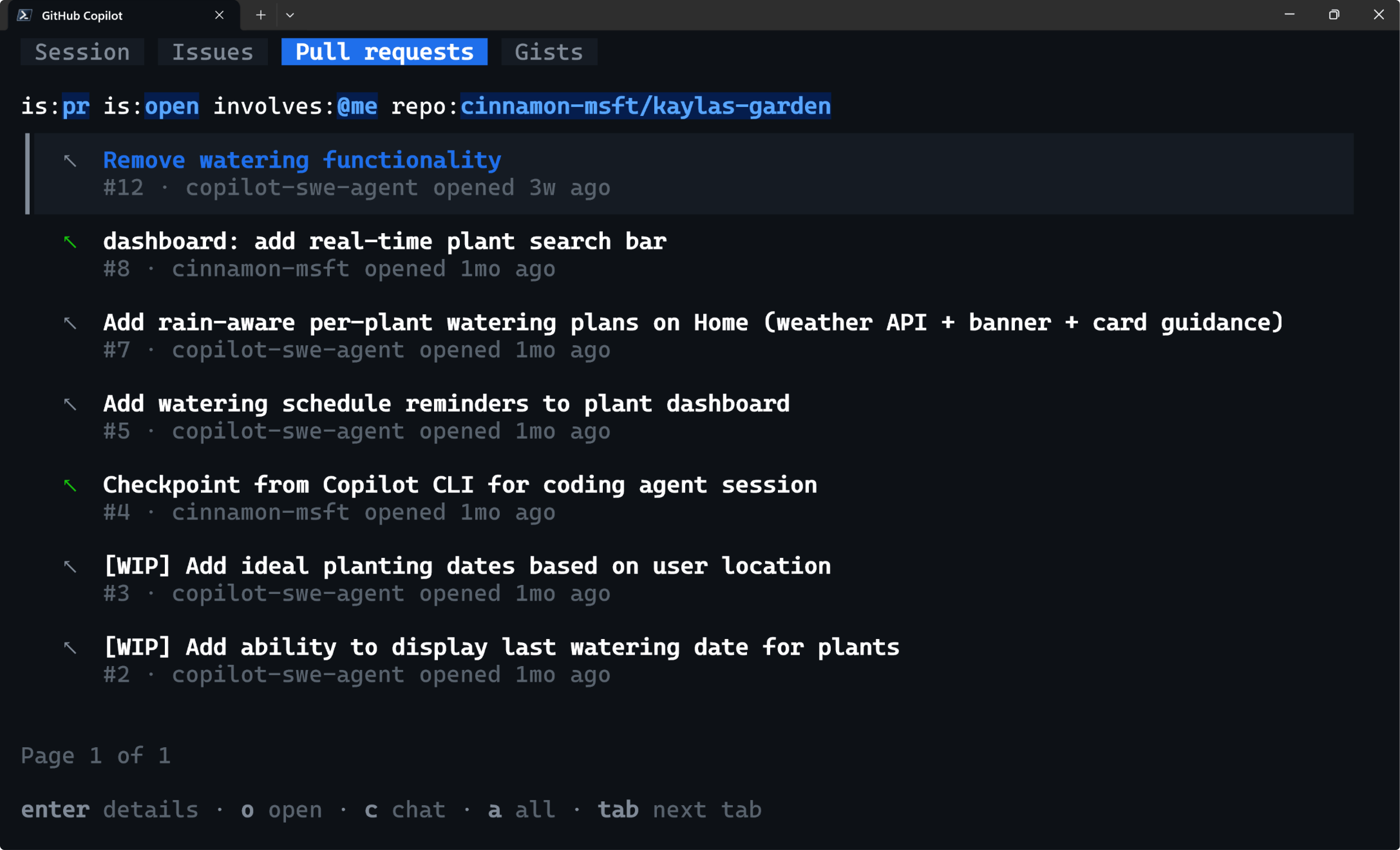 Copilot CLI 新终端：Session/Issues/Pull requests/Gists 标签页