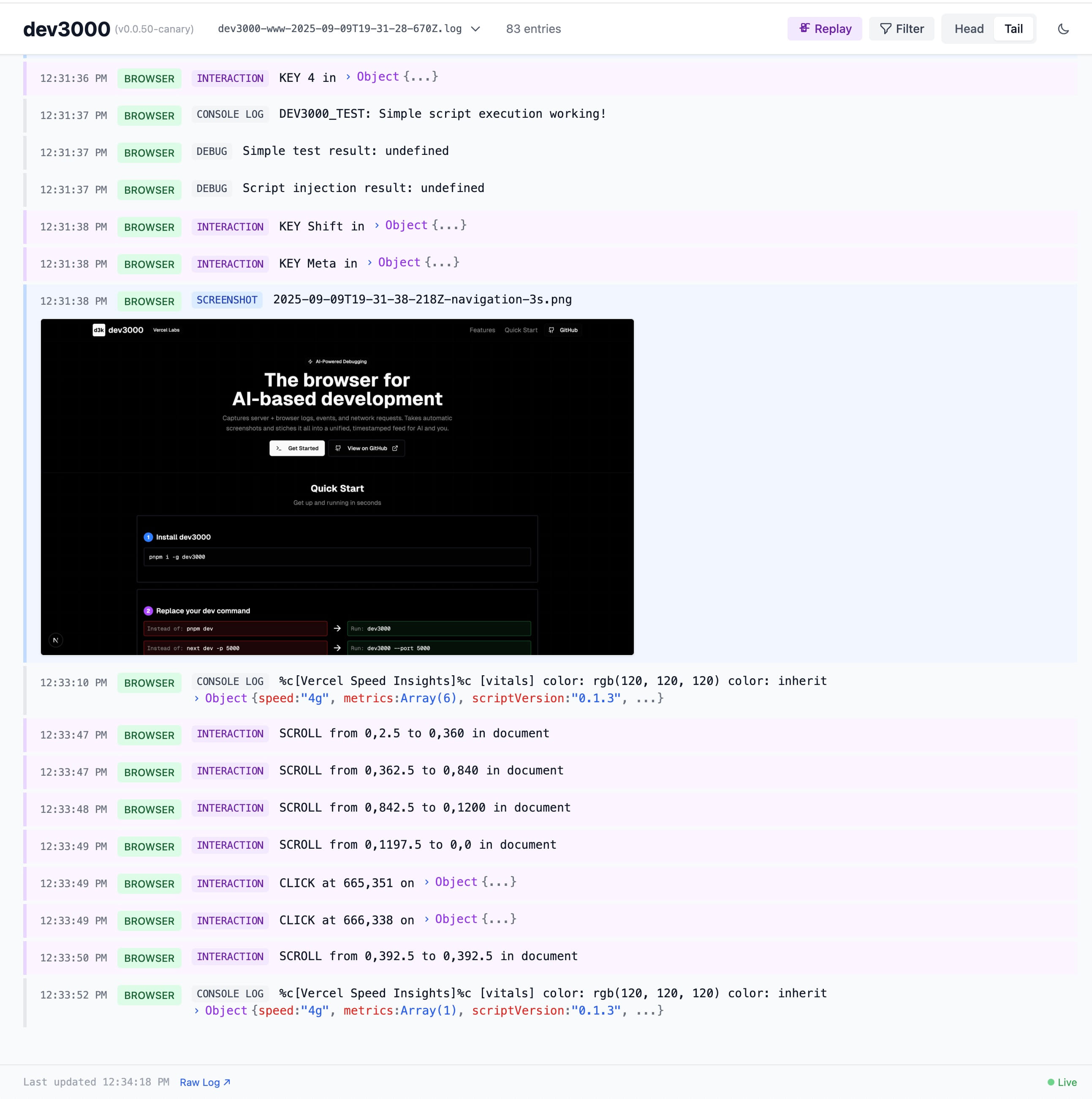 dev3000 的统一时间线:时间戳、BROWSER/CONSOLE/INTERACTION/SCREENSHOT 事件、内嵌截图回放(官方仓库 logs.jpg)