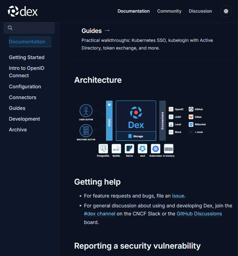 Dex 架构:用户/机器经 OIDC 接入,Dex 背后挂连接器与可插拔存储(官方文档)
