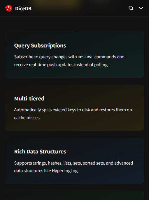 DiceDB 官网特性卡:Query Subscriptions / Multi-tiered / Rich Data Structures