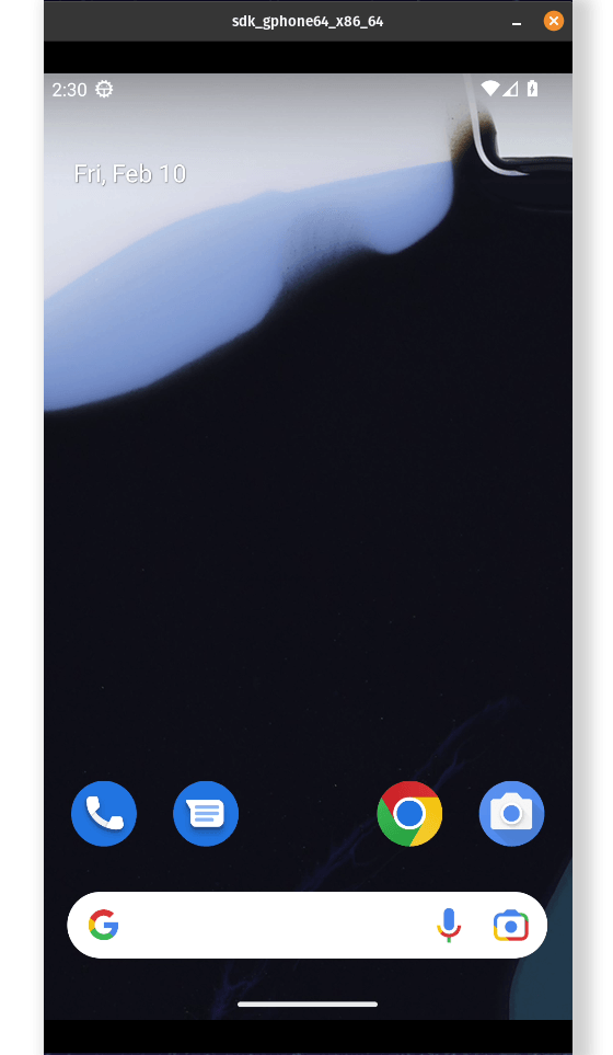 容器内 headless 启动的 Android 模拟器主屏幕（sdk_gphone64_x86_64）