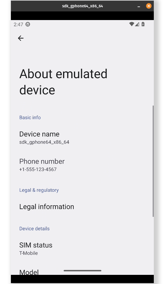 容器内模拟器的"关于模拟设备"页：设备名 sdk_gphone64_x86_64