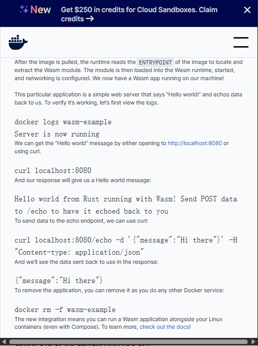 官方博客给出的实际运行输出：docker logs 显示 "Server is now running"，curl 根路径返回 "Hello world from Rust running with Wasm!"，POST /echo 原样回显 {"message":"Hi there"}