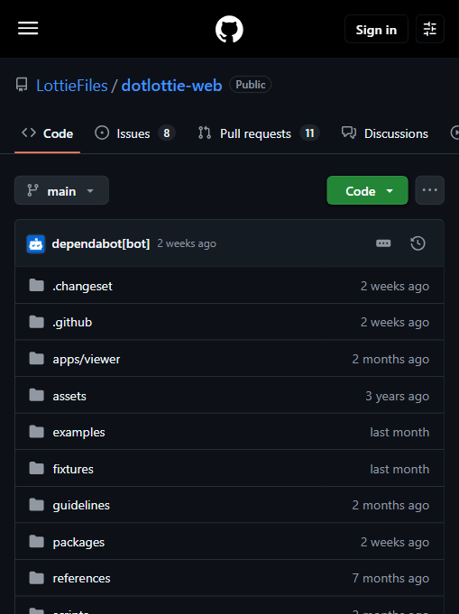 dotlottie-web 官方仓库：LottieFiles 出品，8 issues / 11 PRs