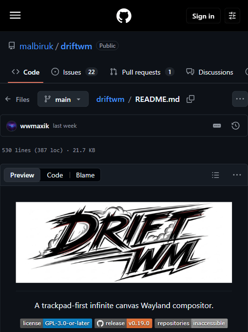 driftwm 官方仓库：GPL-3.0-or-later、v0.19.0、22 issues / 1 PR、packaging status inaccessible