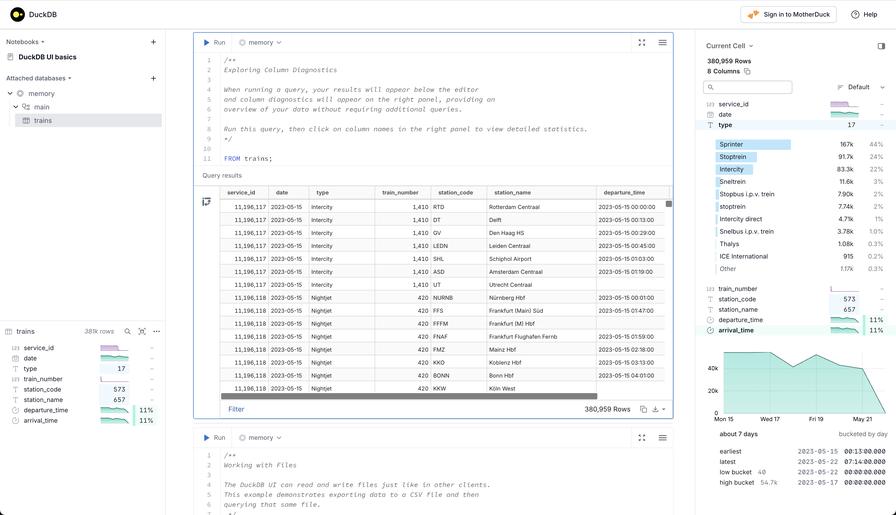 DuckDB 本地 UI 主界面:左侧数据库树、中间 Notebook 单元格、右侧列探查器