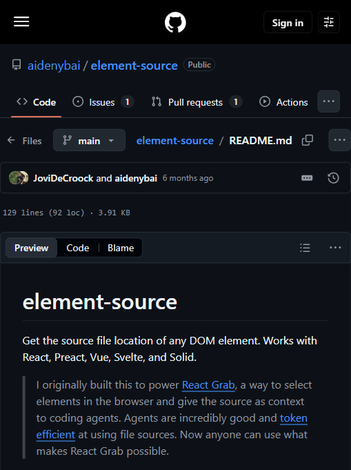 element-source 官方 README：项目自述为 React Grab 而造，专为给编码 Agent 供源码上下文