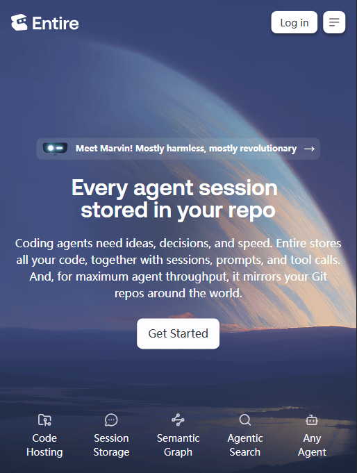 Entire 官网首屏：Every agent session stored in your repo——把会话、prompt、工具调用与代码存在一起