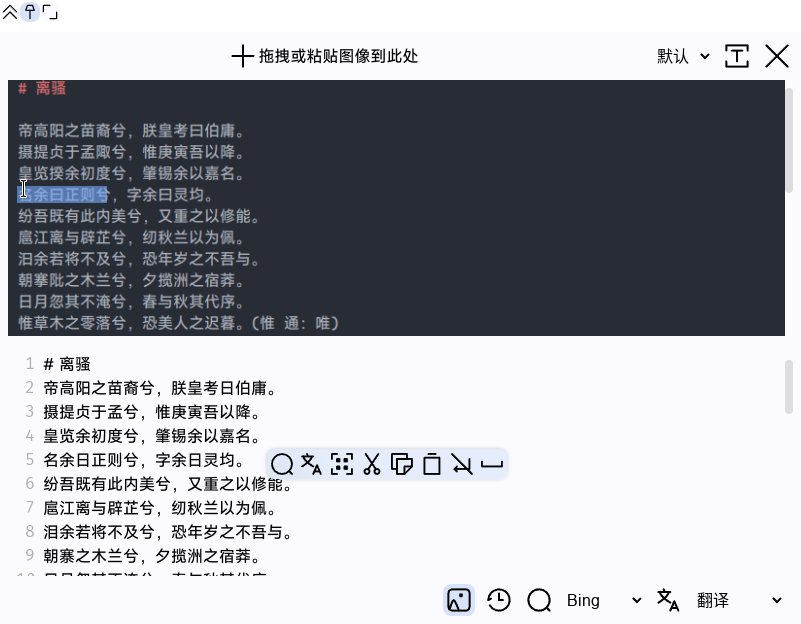 eSearch OCR 结果页：上方编辑器展示识别出的《离骚》段落，下方为纯文本结果，底部工具栏可直接调用搜索或翻译