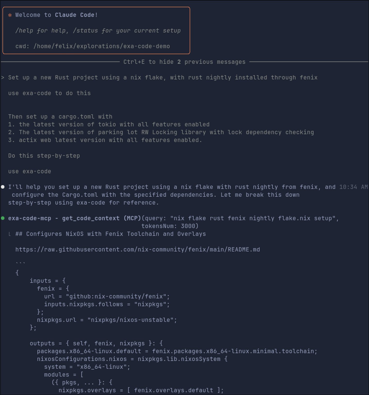 Claude Code 中调用 exa-code MCP，返回 fenix Nix flake 配置片段的官方示例