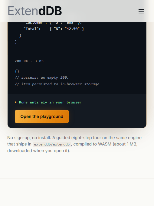 ExtendDB Playground:整个引擎编译为 WASM,约 1MB,在浏览器里直接跑 DynamoDB API