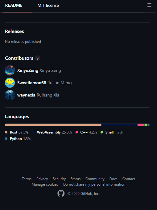 F3 仓库现状:No releases published、仅 3 位贡献者、Rust/Wasm 为主