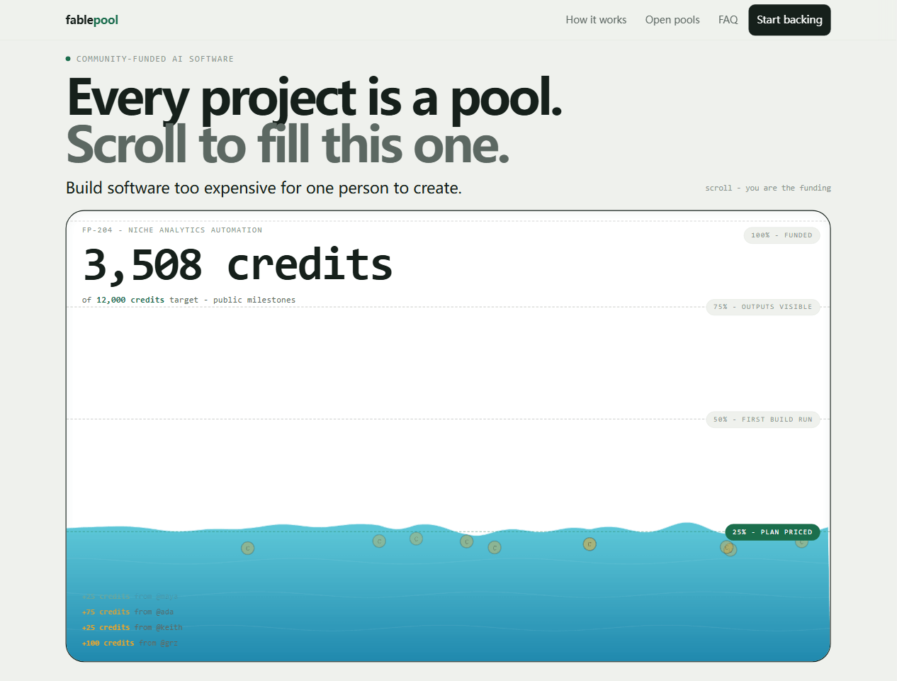 FablePool 项目页：积分随众筹者不断注入"水池"