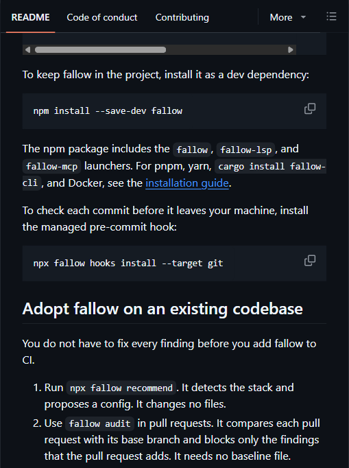 在已有代码库上接入 fallow:作为 dev 依赖安装、内置 fallow/lsp/mcp 三个入口与 pre-commit 钩子