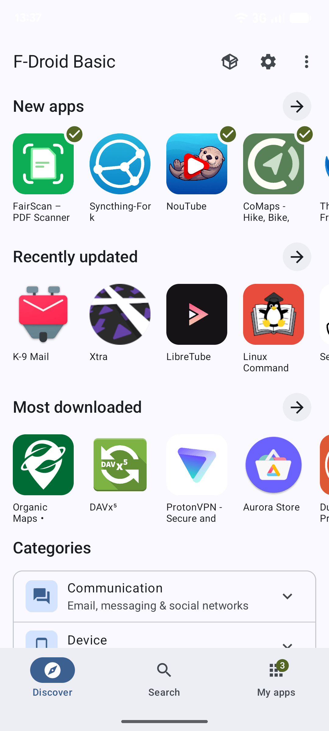 F-Droid 2.0 的 Discover 界面:新应用、最近更新、下载最多与分类