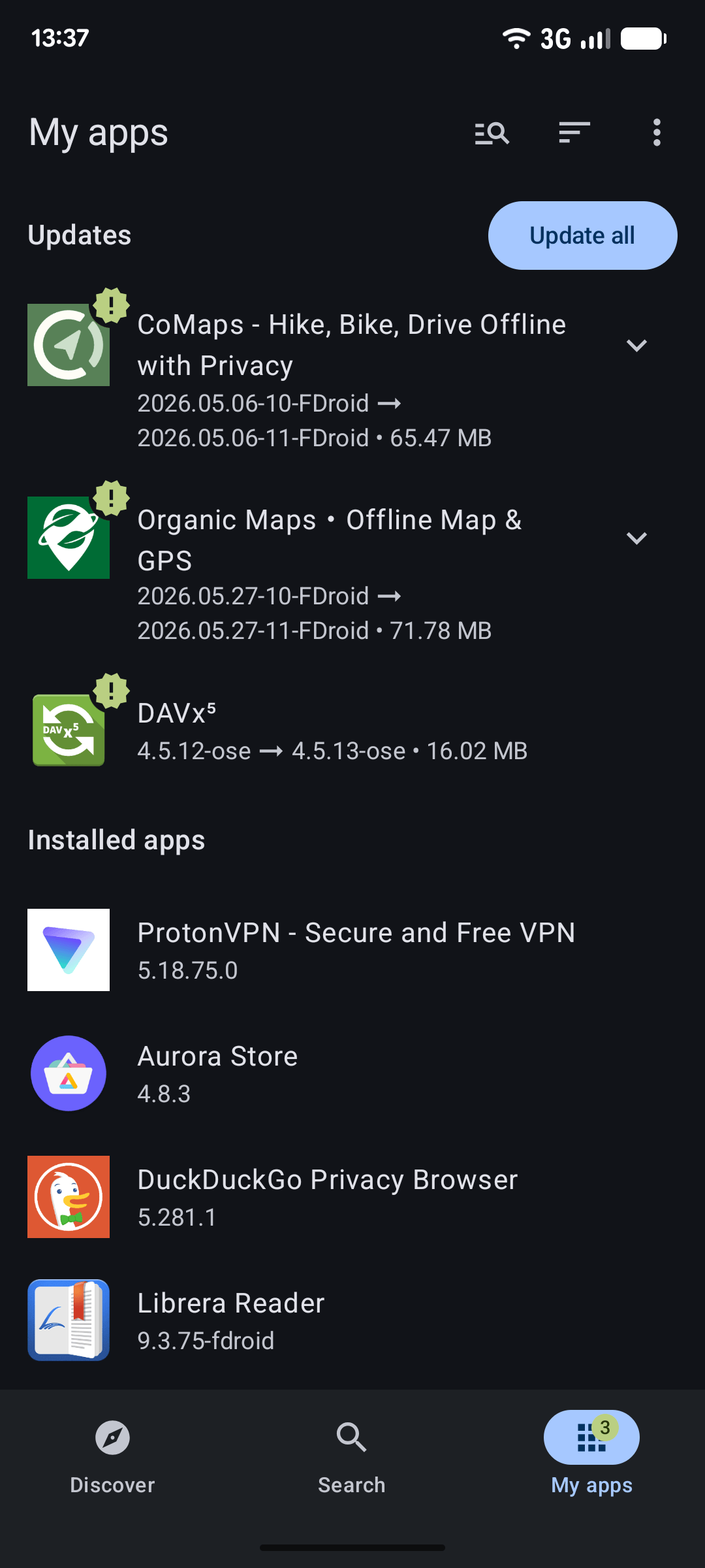 F-Droid 2.0 的 My Apps 界面:更新列表带版本 diff 与体积,一键全部更新