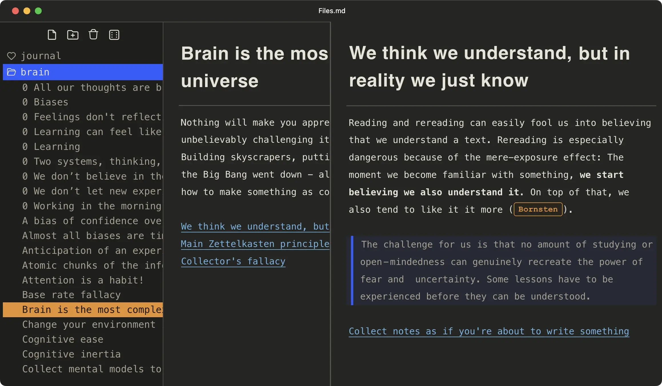 files.md 的深色三栏界面：左侧是文件树（journal、brain 文件夹下的一笔记），中间是笔记编辑区，右侧是相关笔记预览与反向链接