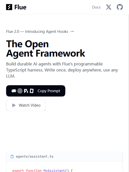 Flue 2.0 官网首屏：定位为"开放的 Agent 框架"，强调一次编写、到处部署、任意模型