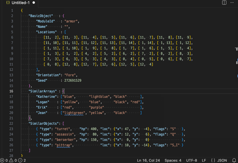 VS Code 中 FracturedJson 格式化整份文档：相似数组与对象按列对齐成表格，短值保持单行