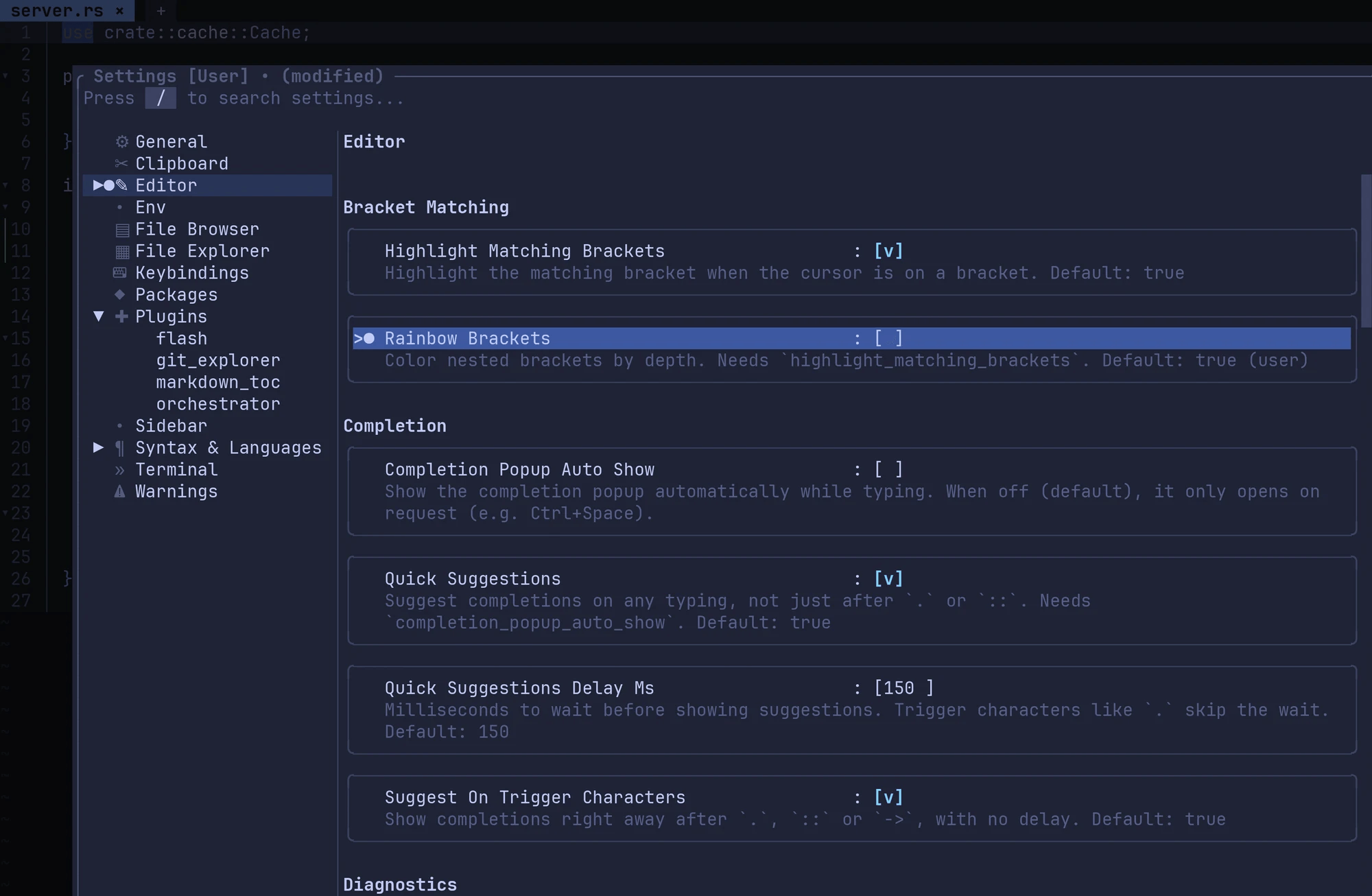 Settings UI：所有选项带描述与默认值，/ 搜索，插件与语言包同处管理