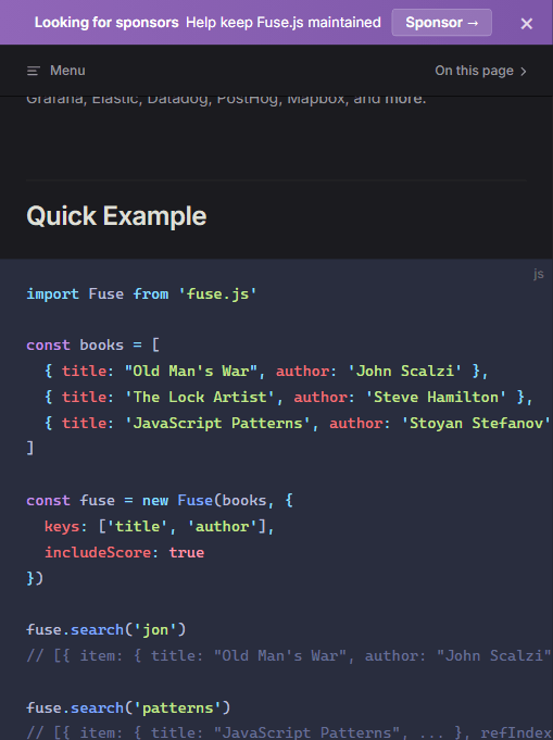 Fuse.js 官方快速示例：三行代码完成容错搜索