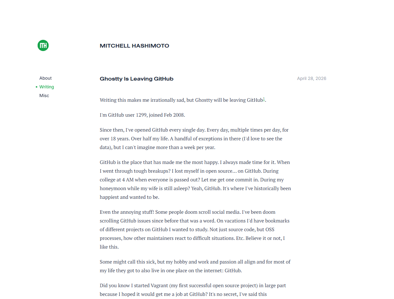 Mitchell Hashimoto 官方公告首页：Ghostty Is Leaving GitHub，日期 2026 年 4 月 28 日